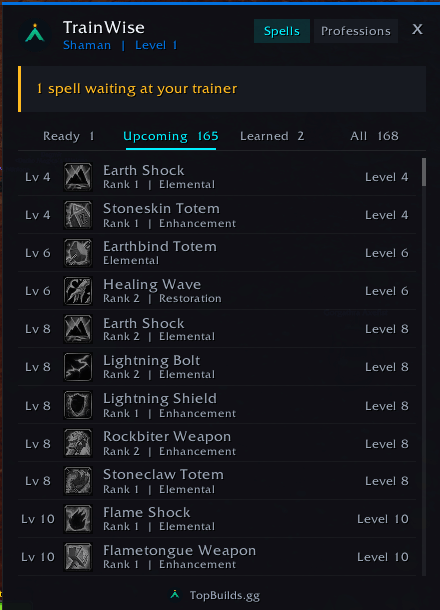 Thumbnail Upcoming tab: spells and ranks that unlock at higher levels, with the level each one needs.