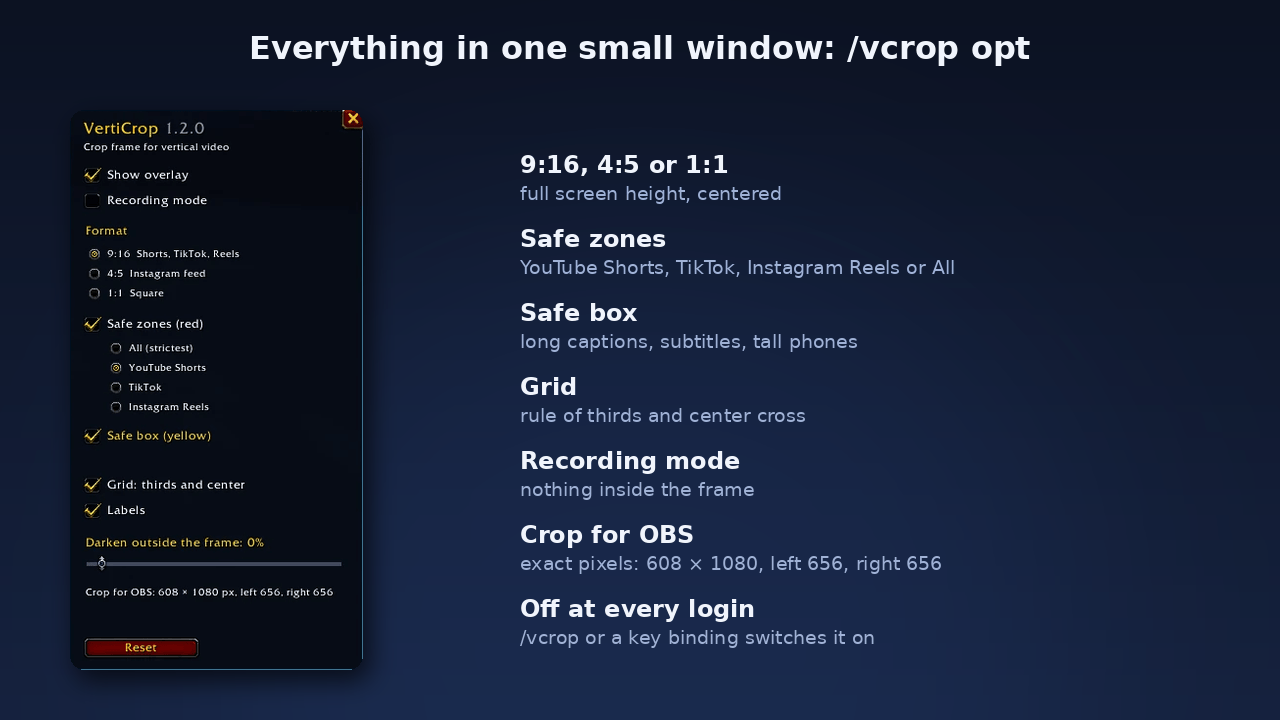 Thumbnail Everything in one small window: format, platform, safe zones, safe box, grid, recording mode and the exact crop values for OBS.