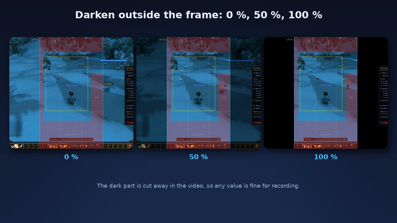 Thumbnail Darken the screen outside the frame from 0 to 100 %. That part is cut away in the video, so any value is fine for recording.