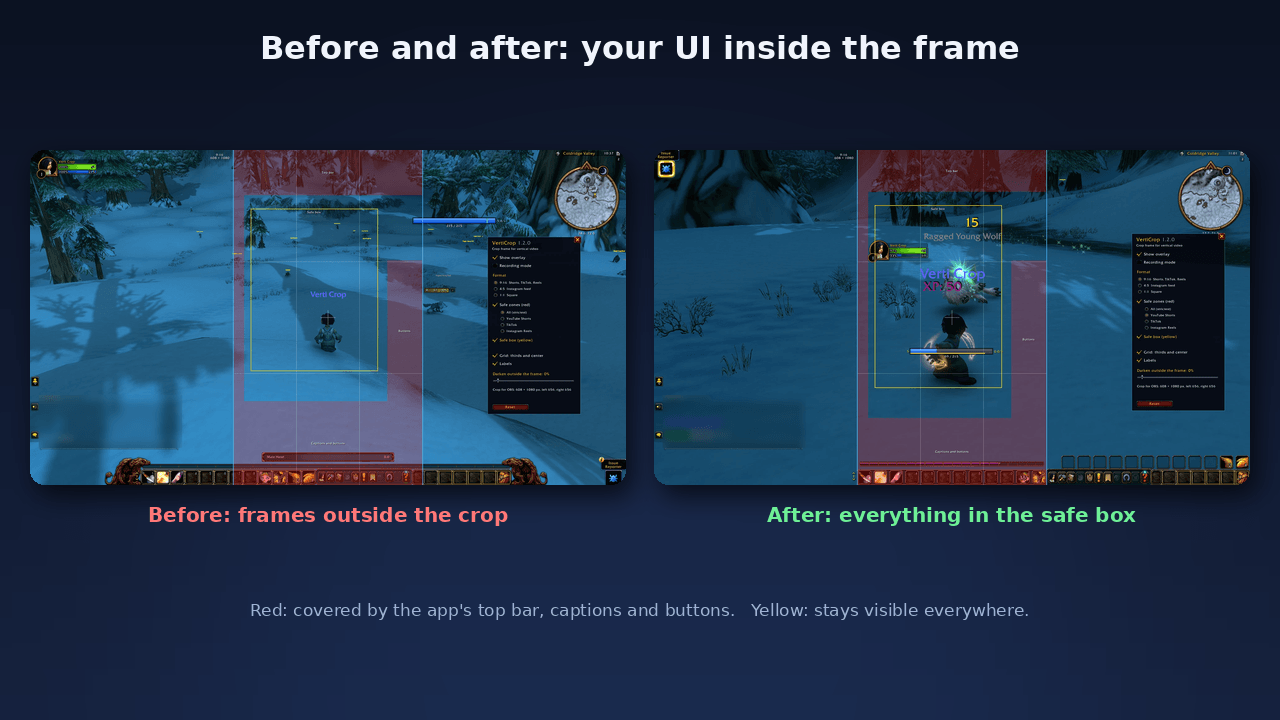 Before: unit frames and mana bar outside the crop. After: everything inside the safe box, nothing under the app's buttons and captions.
