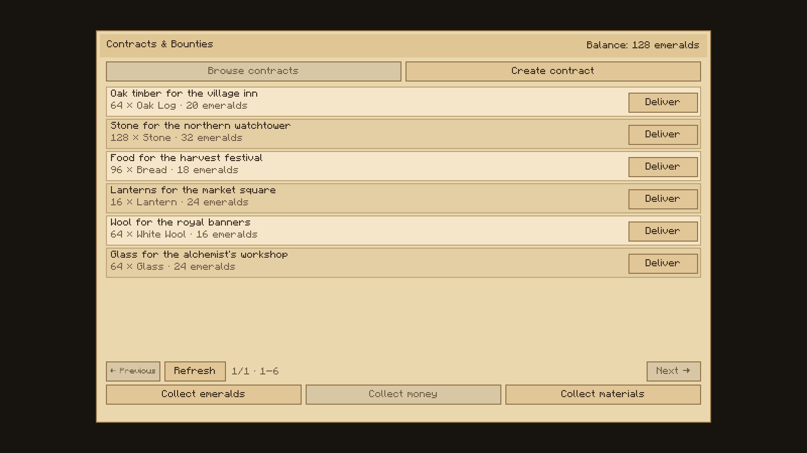 Thumbnail The actual contract interface showing example material requests, emerald rewards and collection controls.
