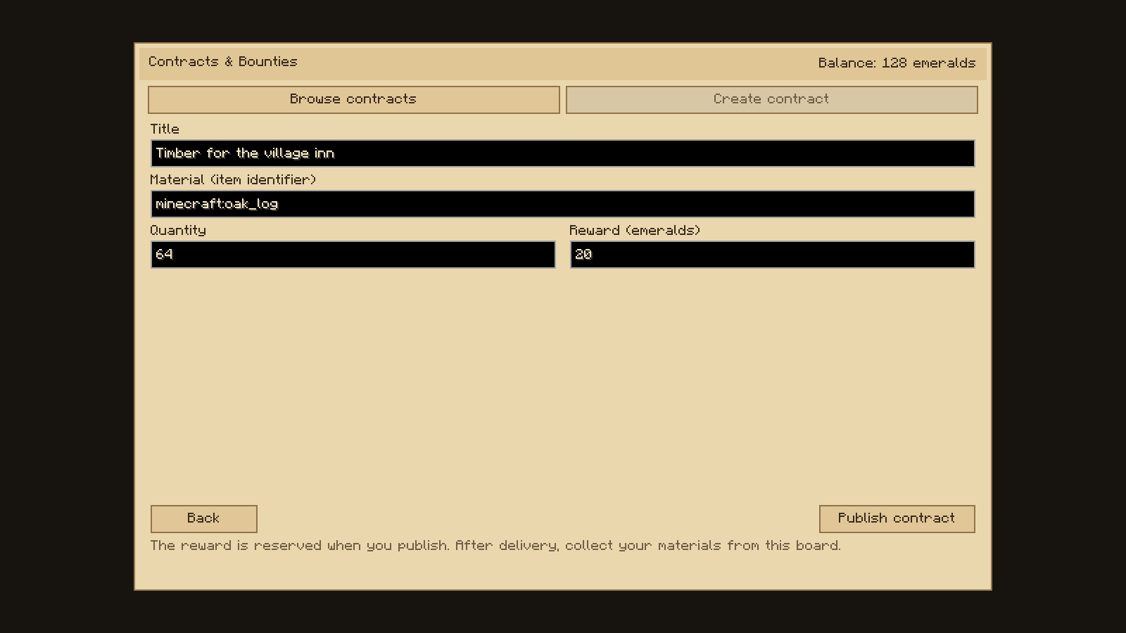 Thumbnail Choose a title, requested item, quantity and reward in the actual contract creation interface.