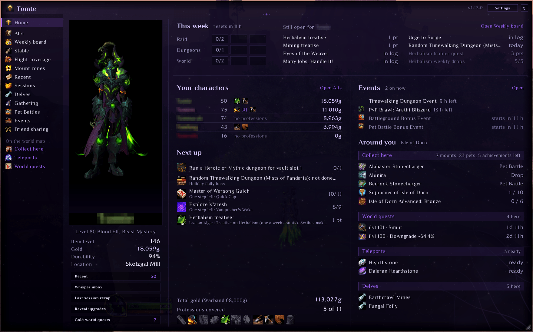 The home panel shows a short summary of the weekly board, events, world quests and collectibles in the area.
