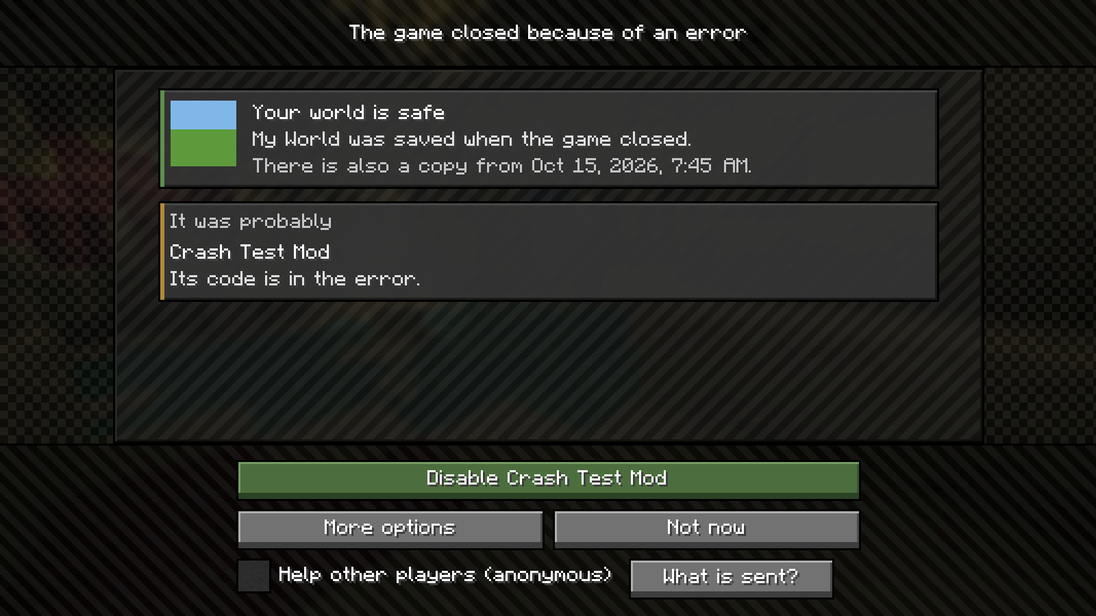 Thumbnail The next start names the mod that most likely caused it, how sure Modkeel is, and fixes it in one click. Your world is safe.