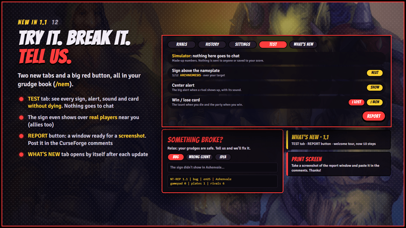 TEST tab, REPORT button and WHAT'S NEW