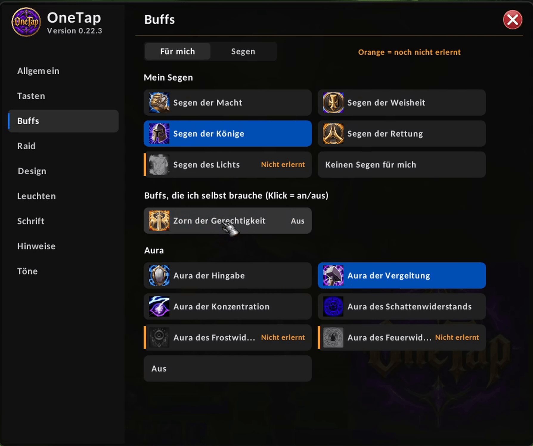 Choose which buffs you want on yourself, such as blessings and auras, and switch each one on or off with a click.