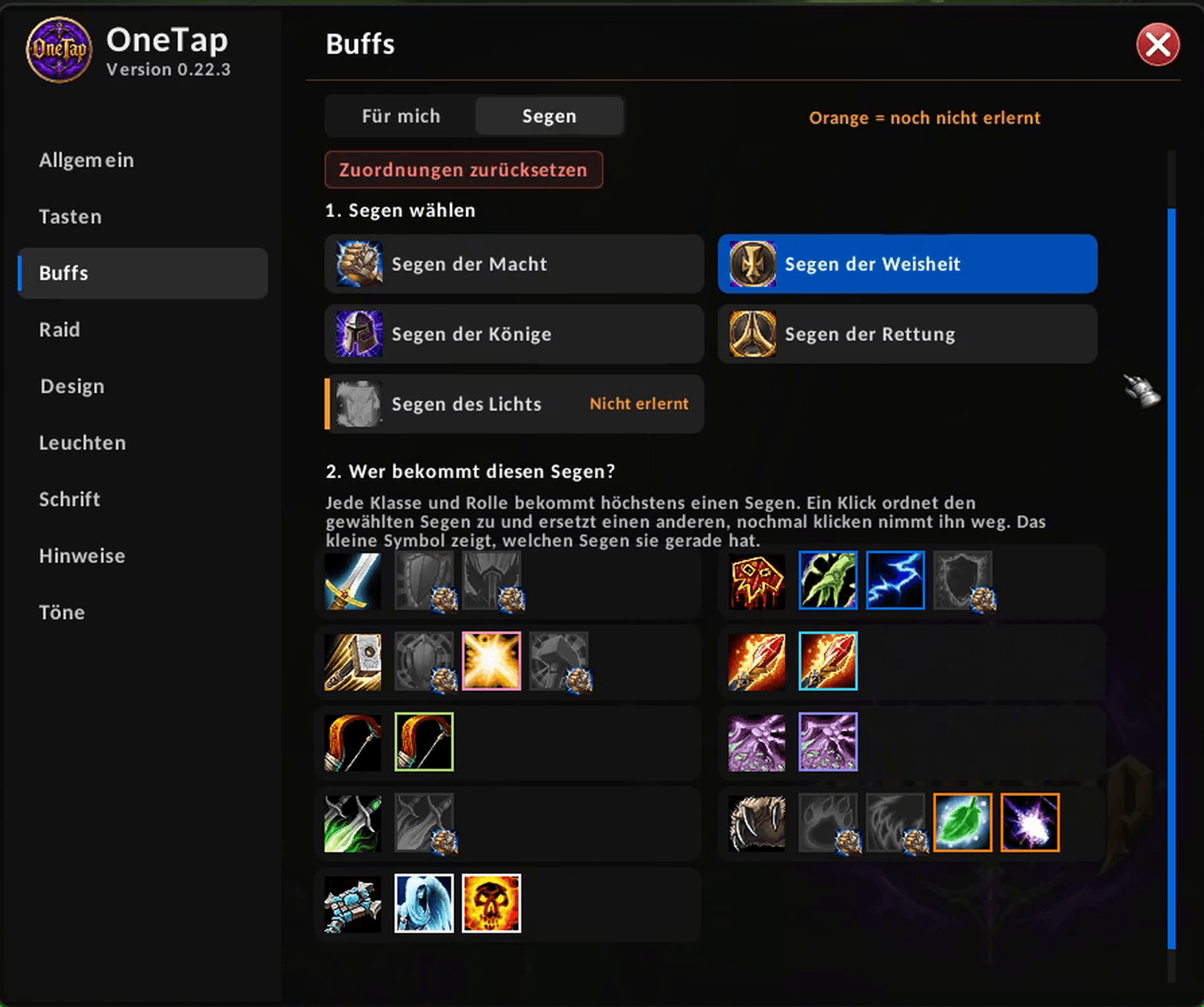 Pick a Buff and assign it to each class and role. Every class and role gets at most one