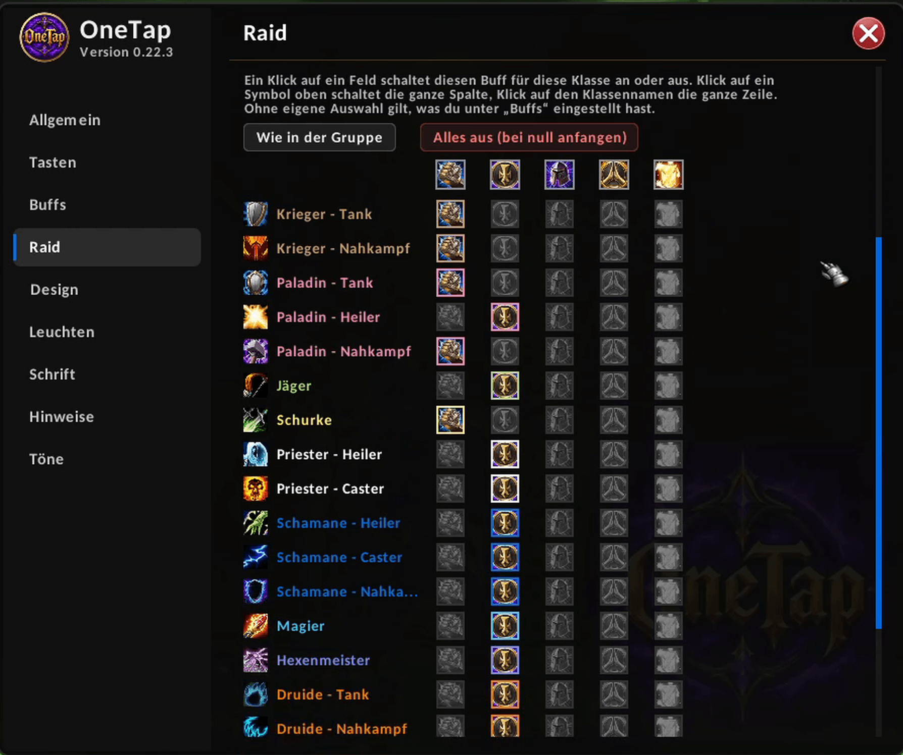 Set separately what you buff in a raid, by class and role, with one click per cell.