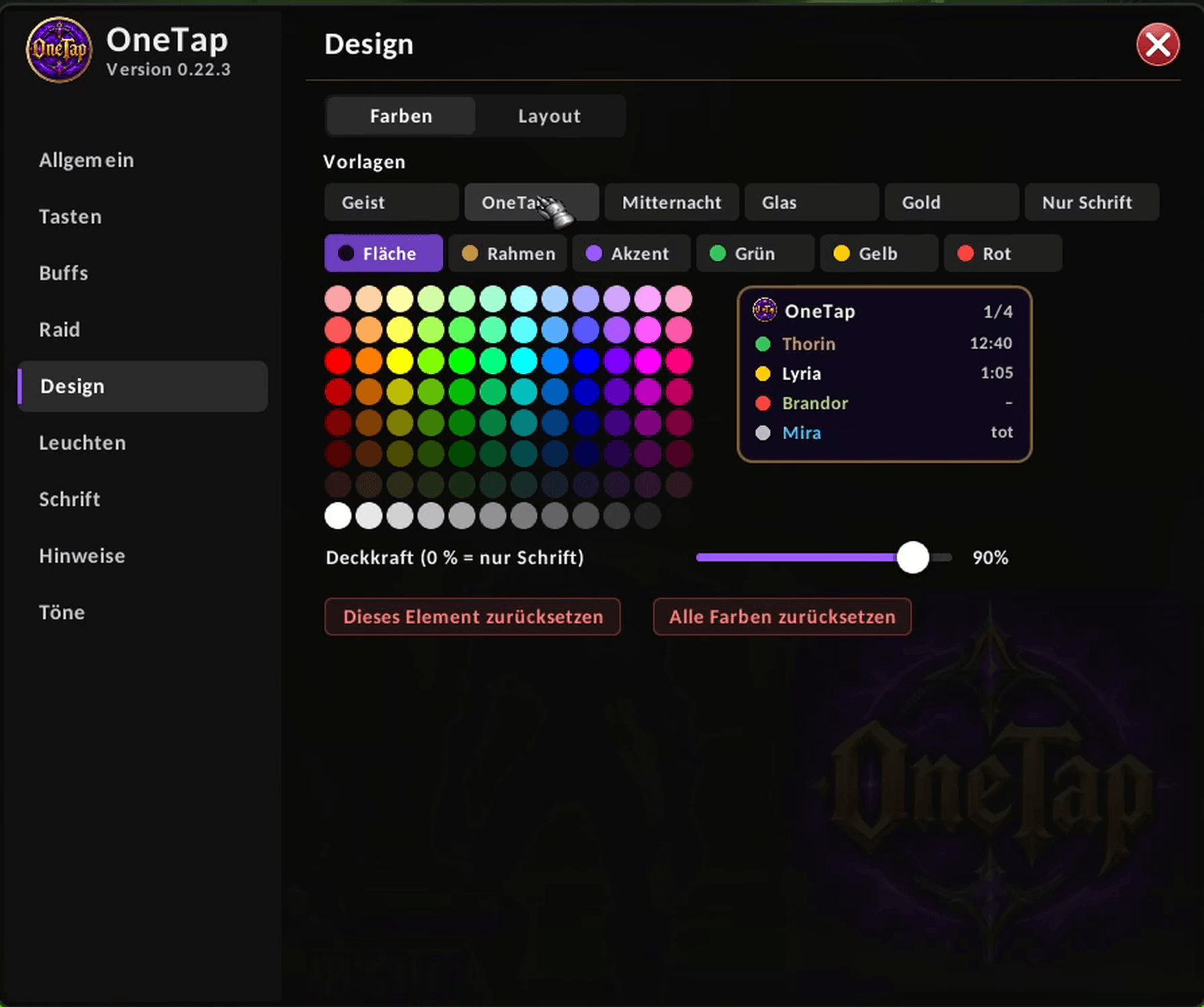 Choose a preset or set your own colors and opacity for the window, the border and the status colors.