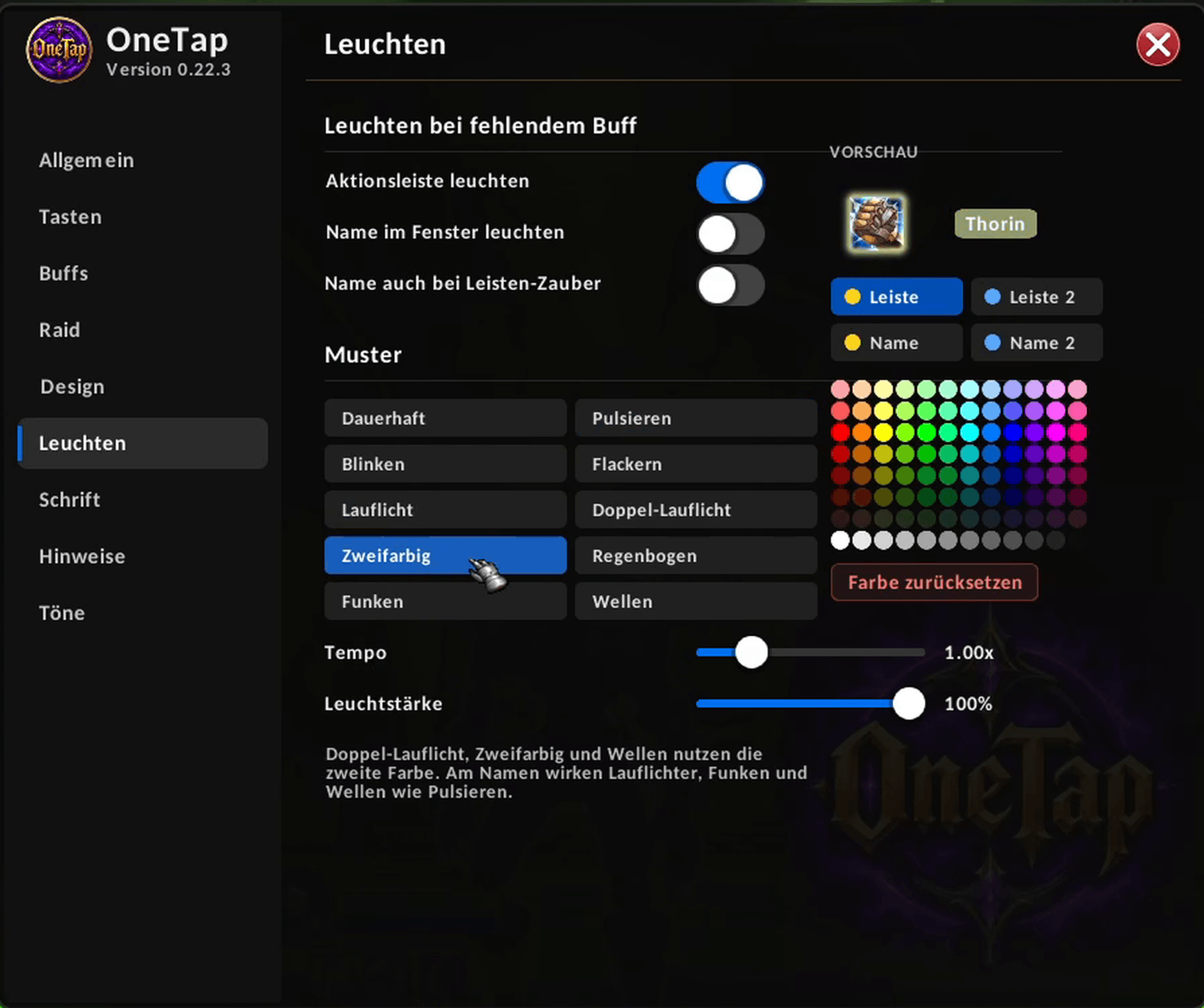 Make action bar buttons and names glow when a buff is missing. Pick a pattern, a color and the speed.