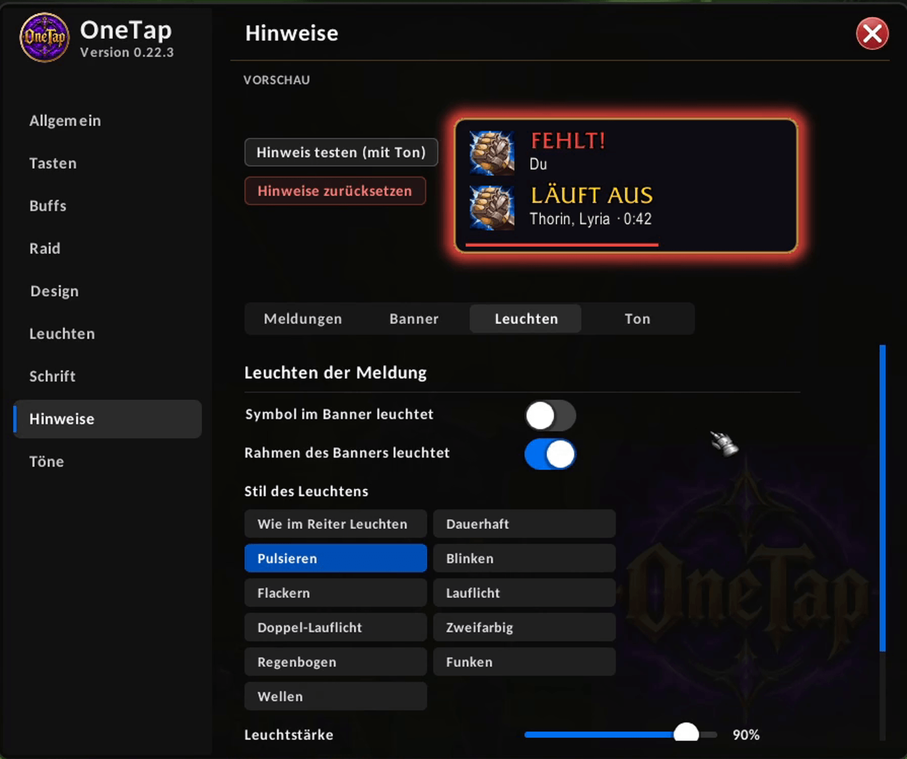 Set when OneTap should warn you, how the banner looks and how it glows. The preview shows the changes right away.