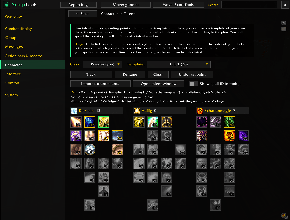 Plan your talents with five templates per class and track one while levelling