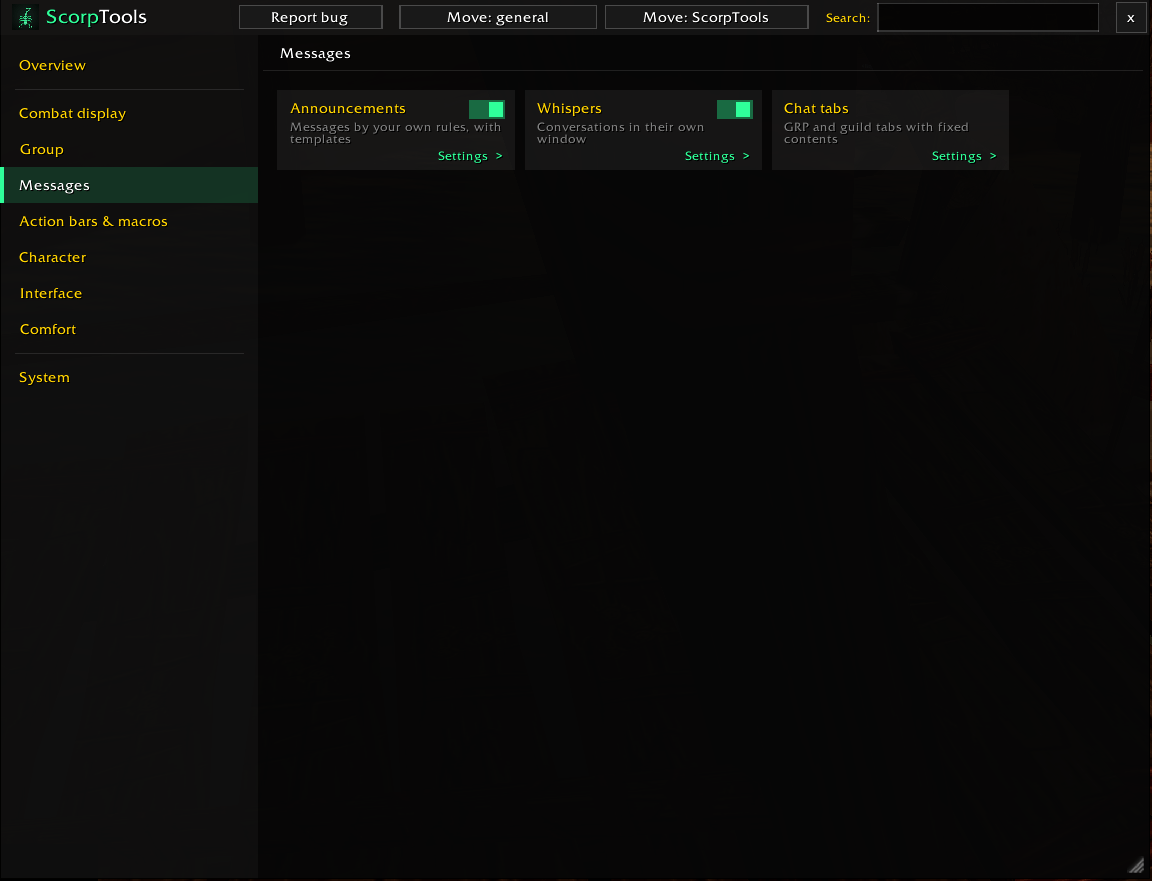 Announcements editor, whisper window and chat tabs