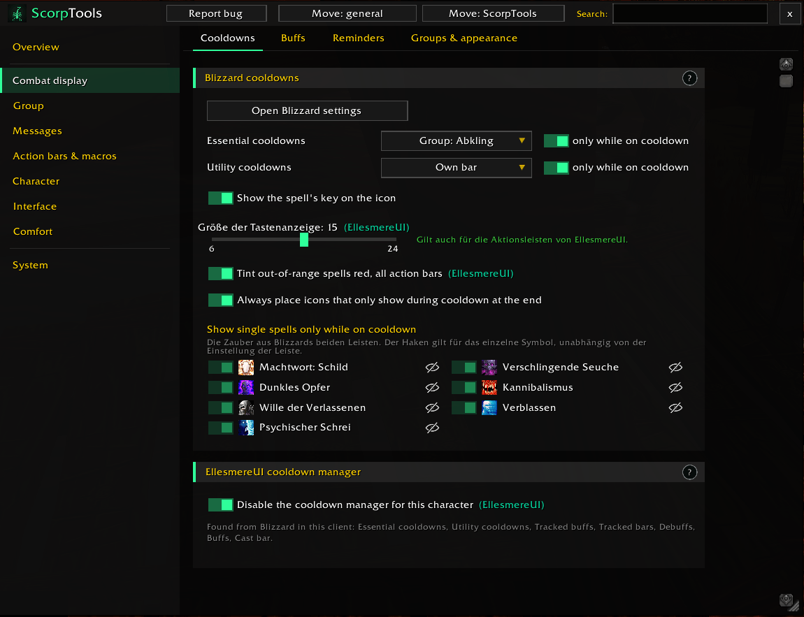 Blizzard’s cooldown icons in your own groups, key bindings on the icons