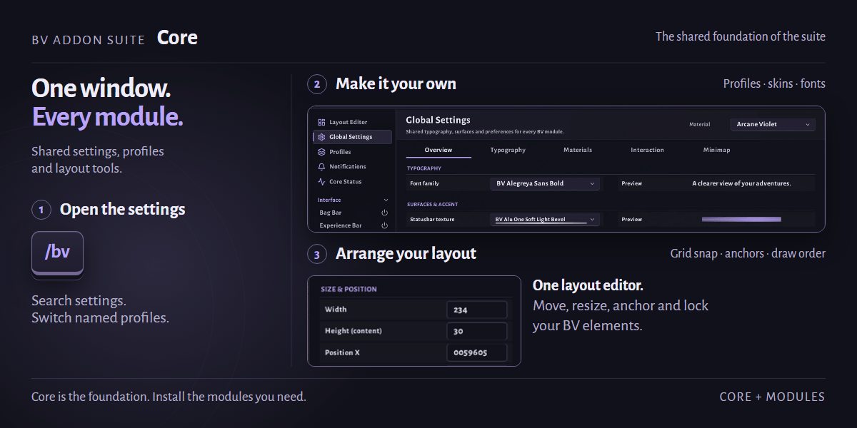 BV Addon Suite - Core: open the settings, make it your own, arrange your layout