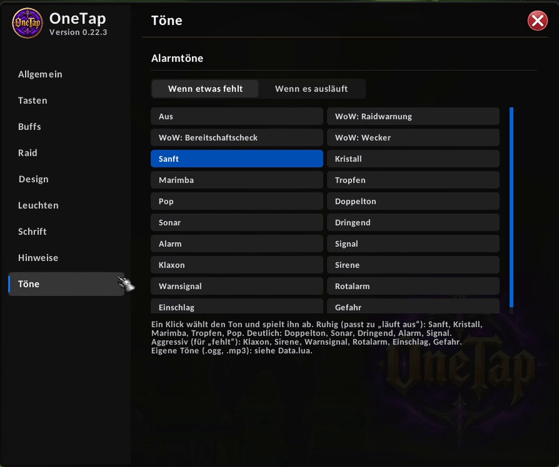 Pick a different sound for "missing" and for "expiring". One click selects and plays it.