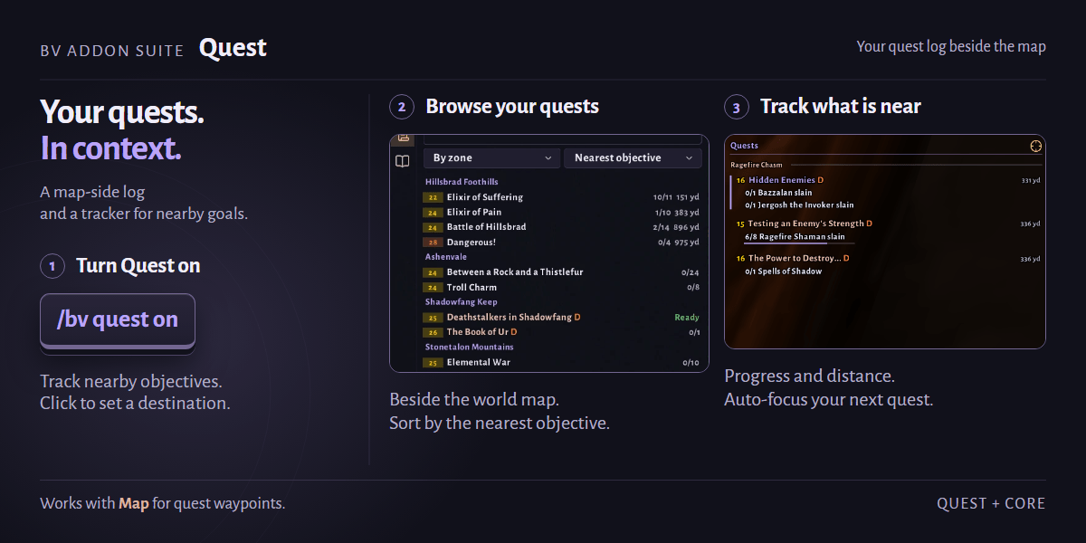 BV Addon Suite - Quest: turn it on, browse your quests beside the map, track what is near