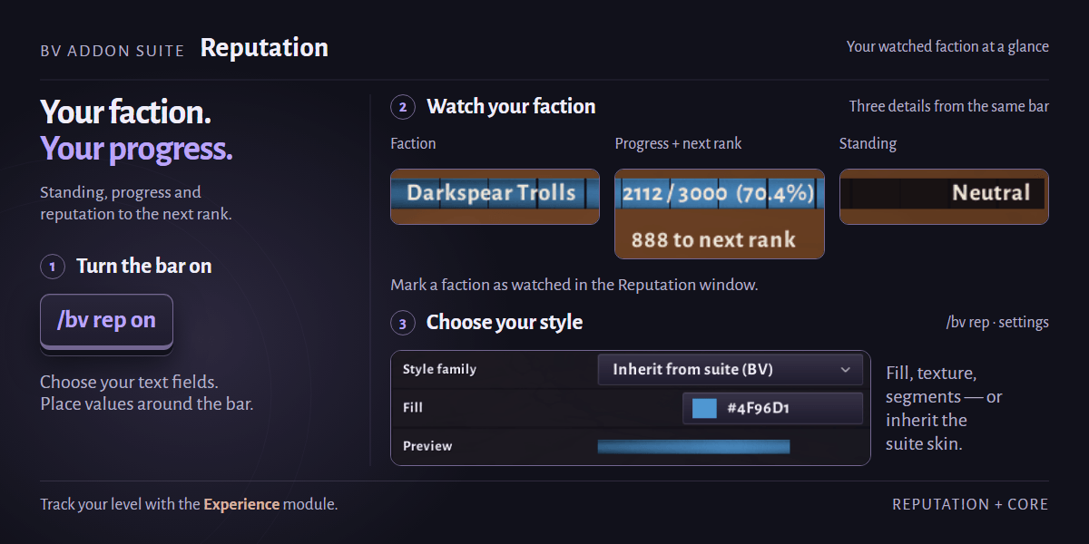 BV Addon Suite - Reputation: turn the bar on, watch your faction, choose your style
