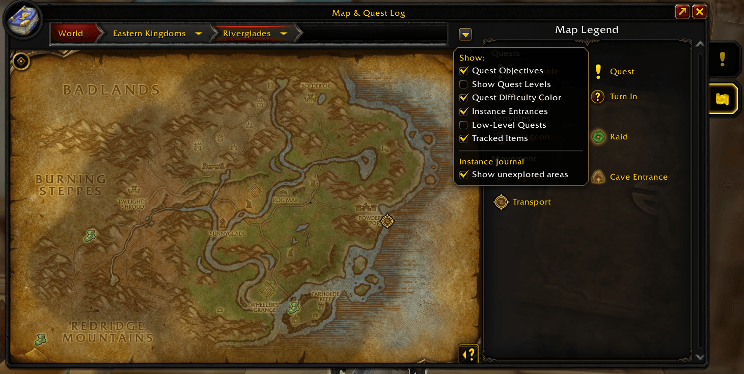Show unexplored areas, in the world map's filter menu