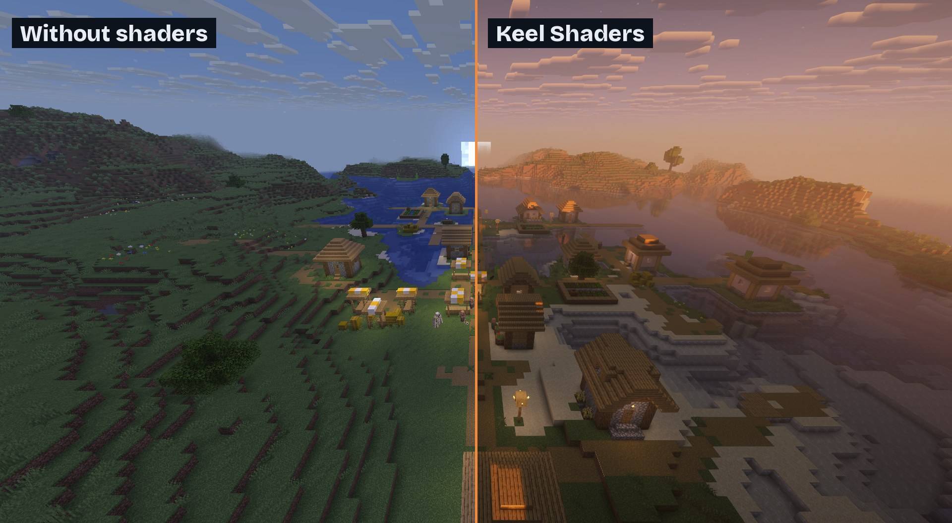 The same village at sunset: vanilla on the left, Complementary Reimagined on the right.