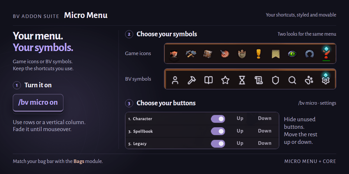 BV Addon Suite - Micro Menu: turn it on, choose your symbols, choose your buttons