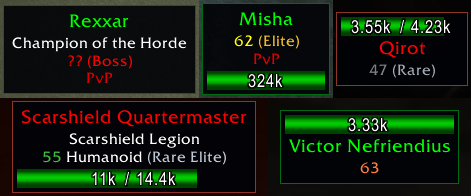 Thumbnail Boss, Elite, Rare Elite and Rare tags and difficulty-colored levels, all from the game’s own data. The health bar shows health as text, at the bottom (default) or on top, or can be turned off. Creature type only shows on attackable units; Qirot has none.