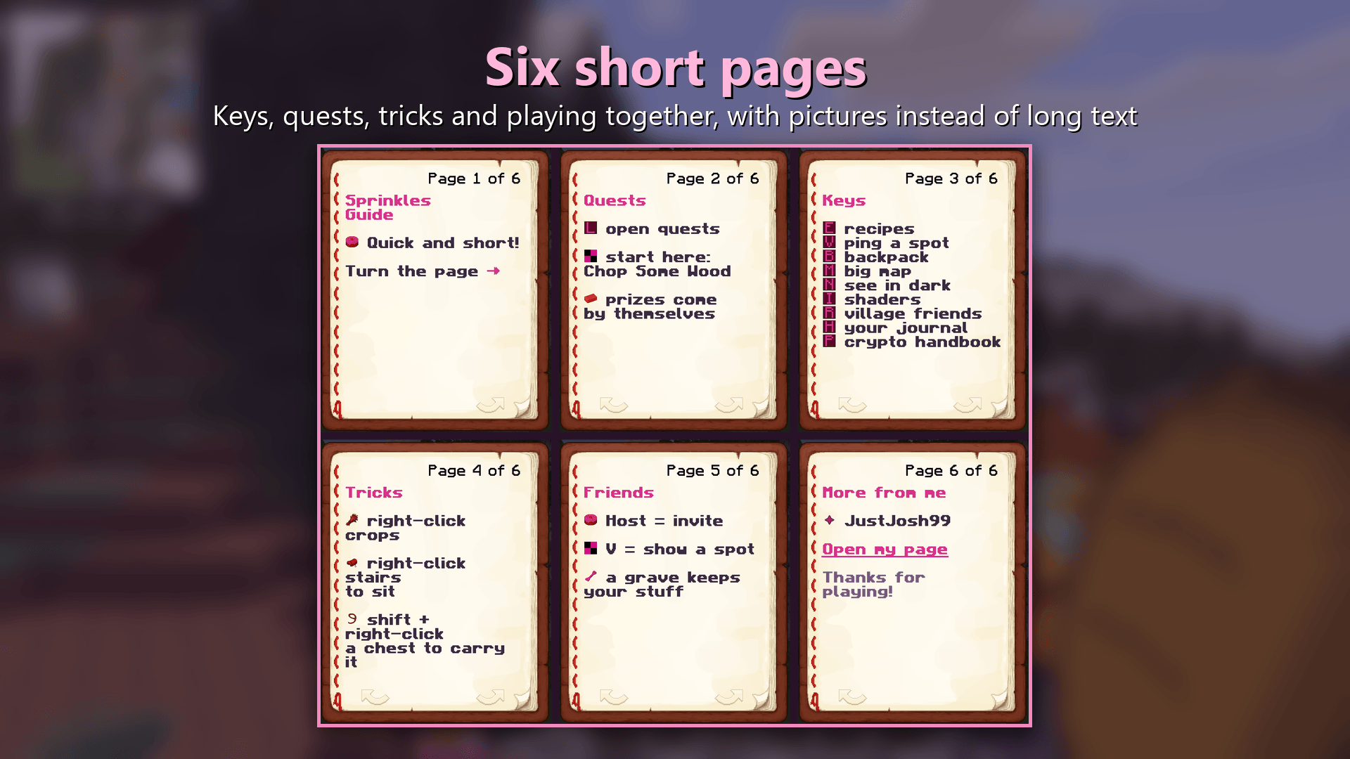 Thumbnail Six short pages | Keys, quests, tricks and playing together, with pictures instead of long text.