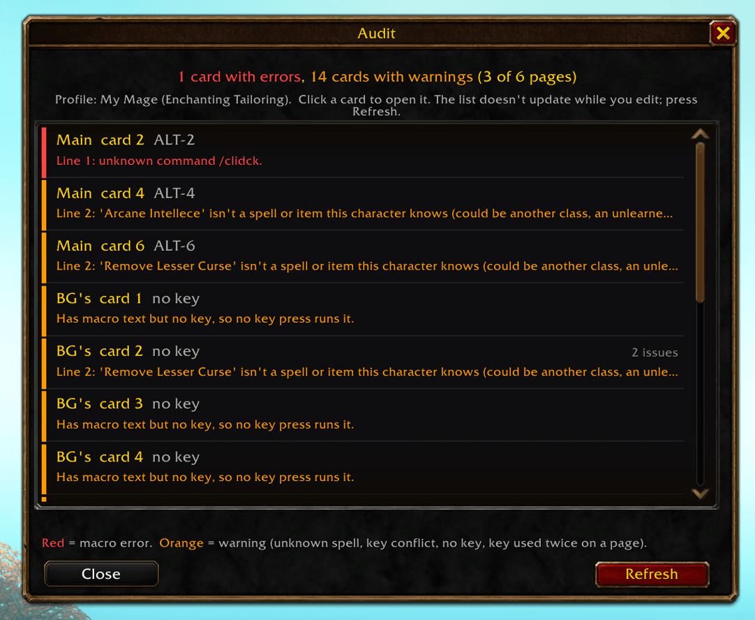 Thumbnail The audit window. This lets you see everything potentially wrong with your selected profile at a glance to fix issues. If you click on an entry the main window will automatically go to it!