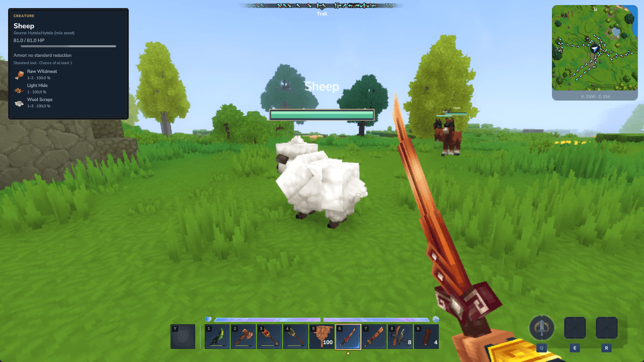 A sheep with its world health bar, target HP and native loot icons in daylight