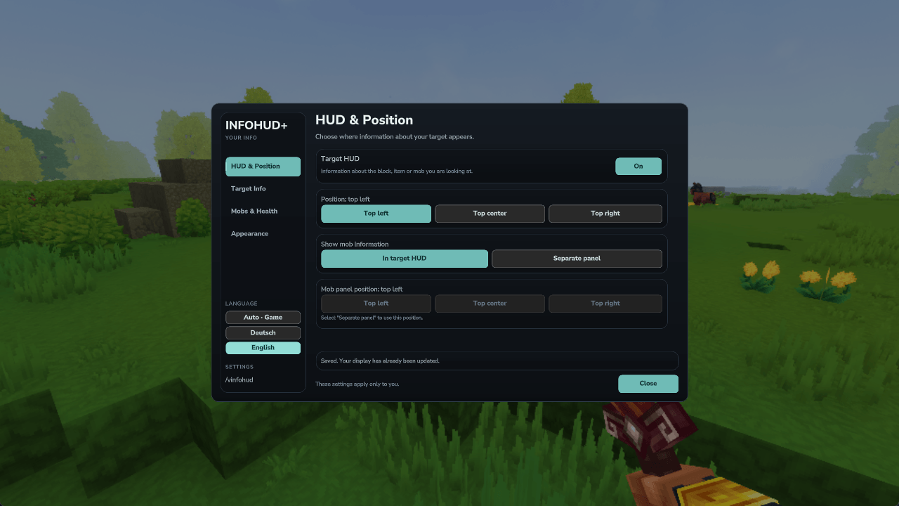 English HUD placement settings with the quick language selector