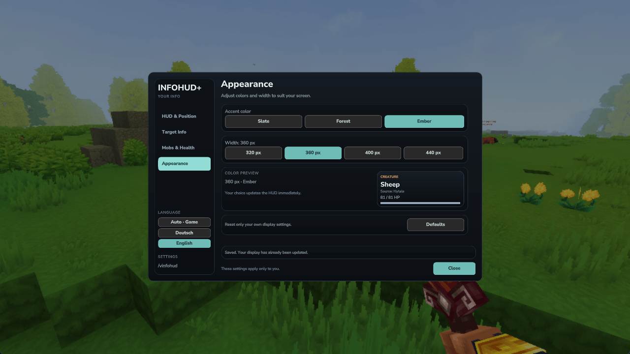 English appearance settings and color preview