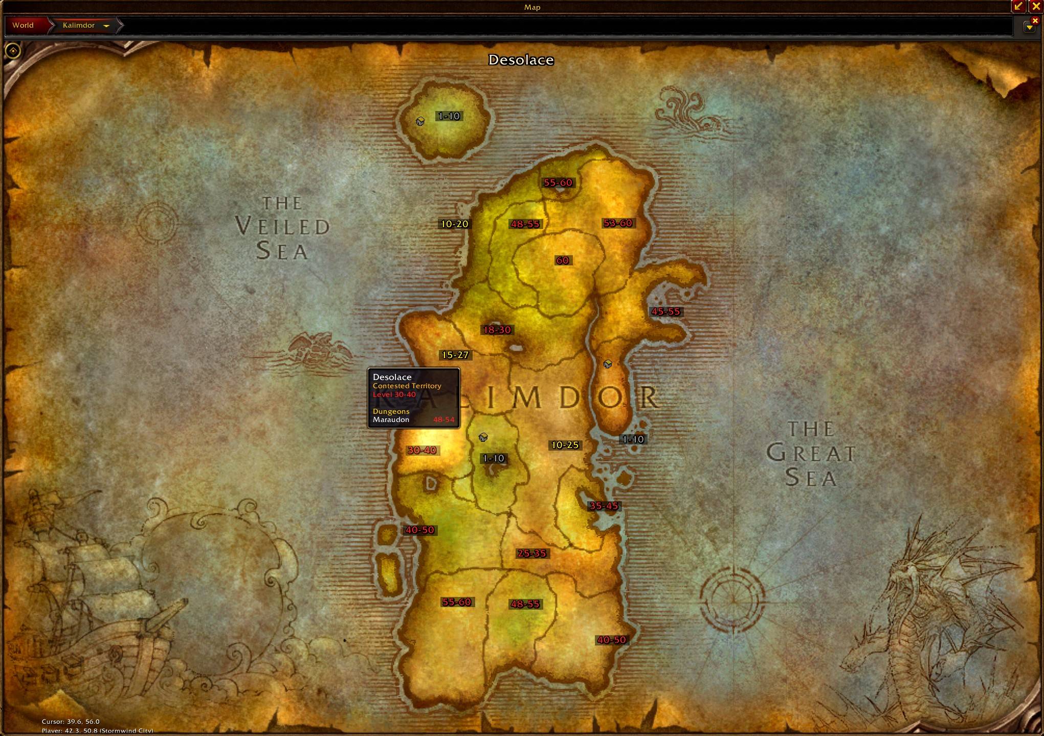 Hover a zone to see its level, faction and dungeons