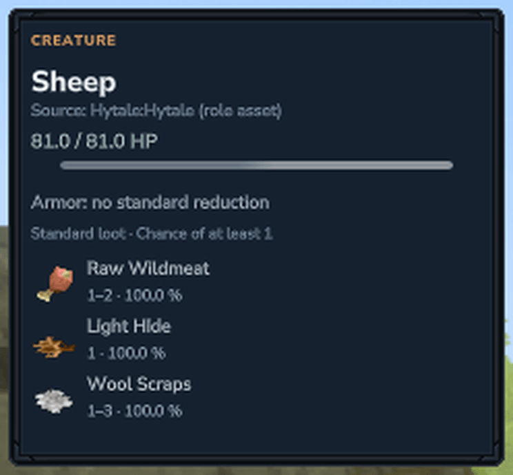 Enlarged HUD detail showing the sheep's HP, armor information and native loot icons