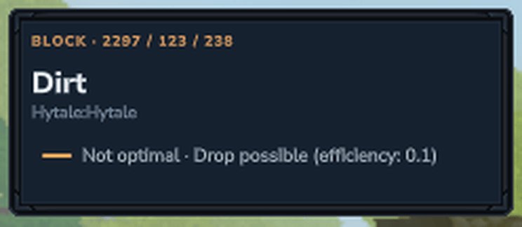 Enlarged HUD detail showing the orange dash and suboptimal-tool explanation