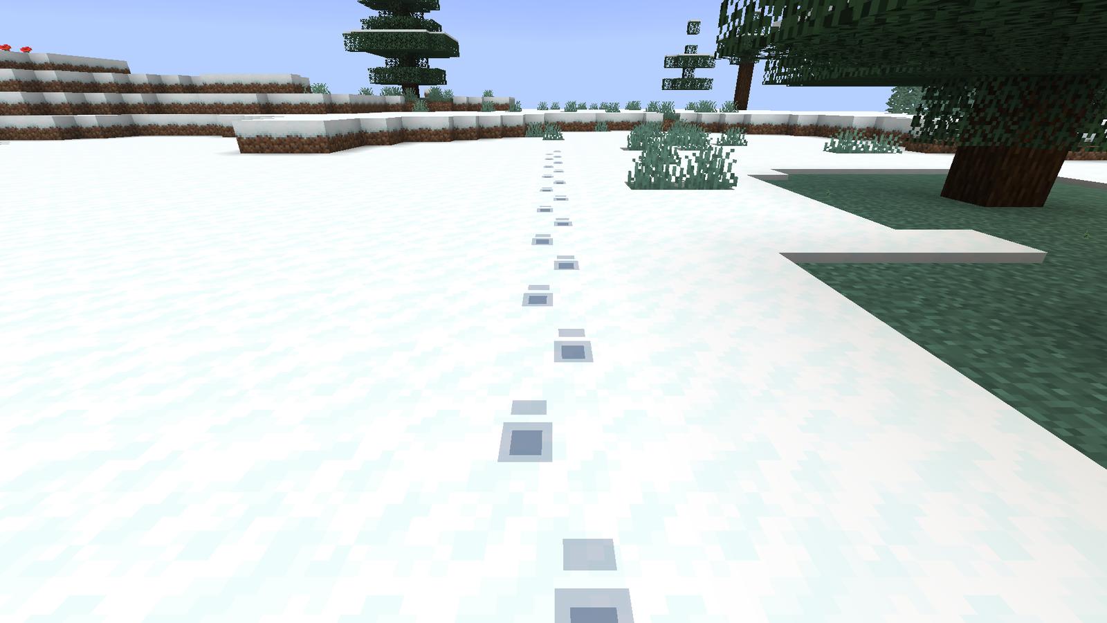 Footprints in the snow, left by you and by mobs. They fade after a minute.