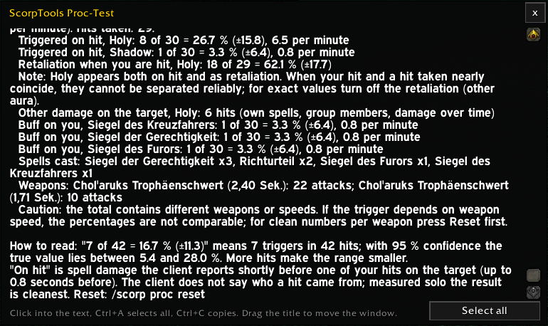 The full proc test result as text to copy