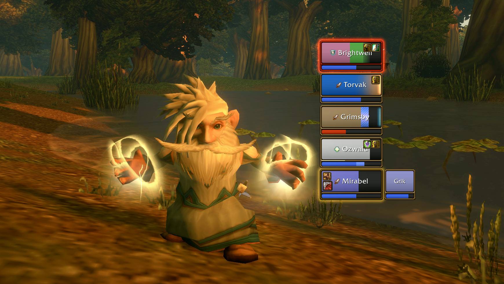 Five players in the bronze trim of Blizzard's new player frame: aggro on the tank, your heal on its way, a shield, a HoT and a debuff you can dispel, with a warlock's pet beside her.