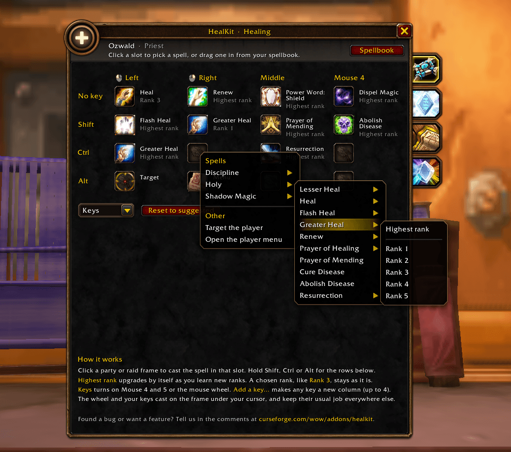 Thumbnail A spell for each mouse button and modifier. Right-click a slot to pick any spell from your spellbook, at its highest rank or an exact rank to save mana.