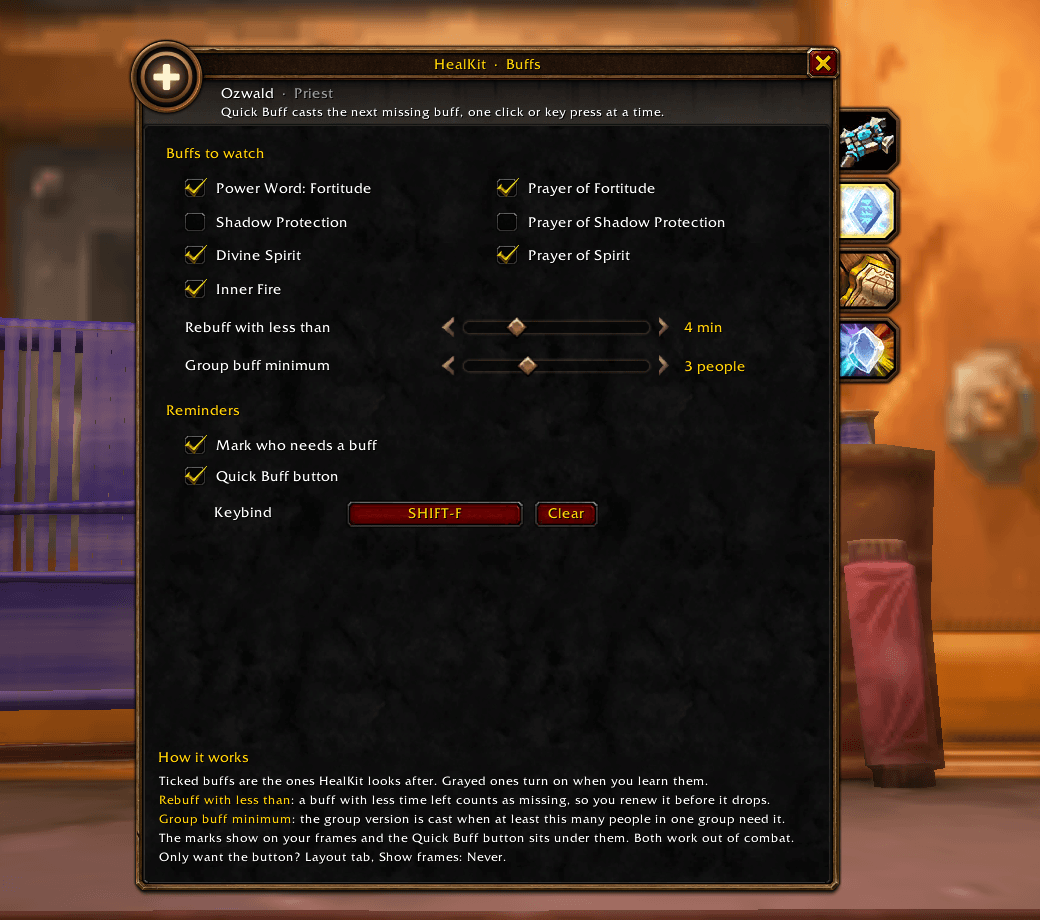 Pick which buffs HealKit tracks, when they count as running out, and your Quick Buff key.
