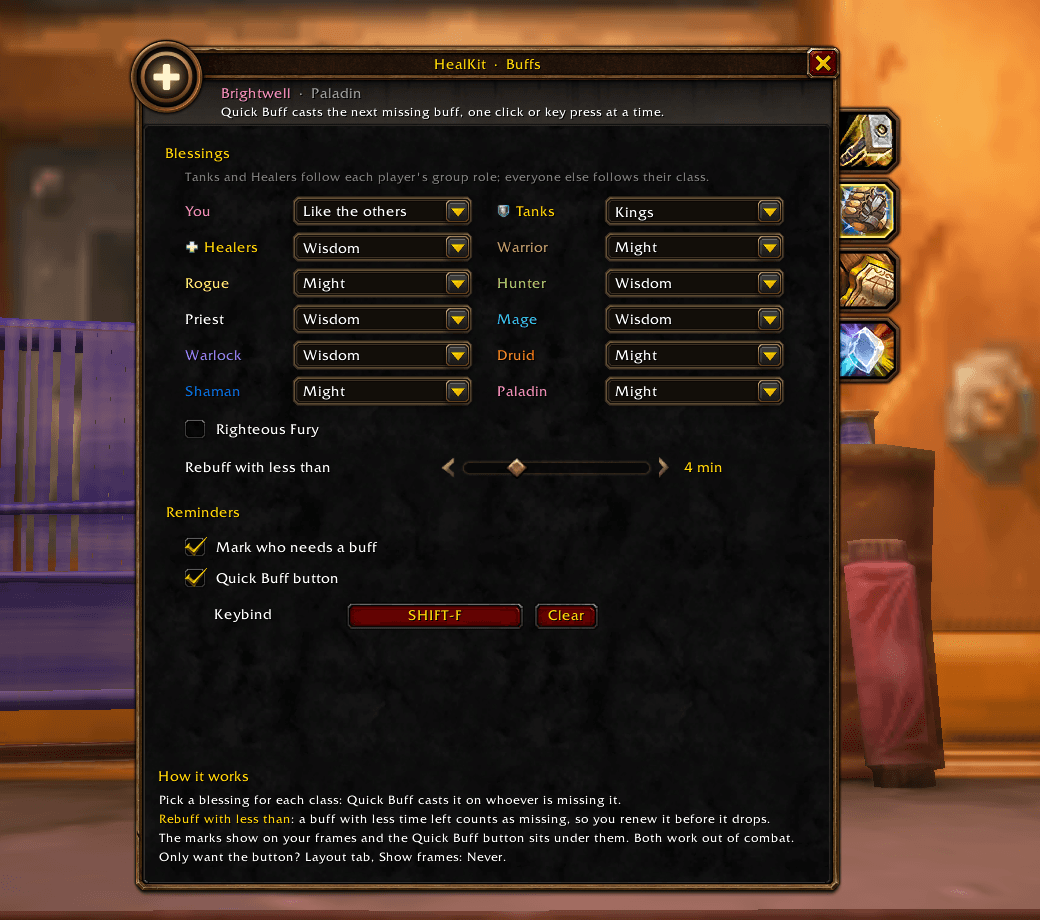 Thumbnail One blessing per class, plus tanks and healers by role. Quick Buff gives each player the right one.