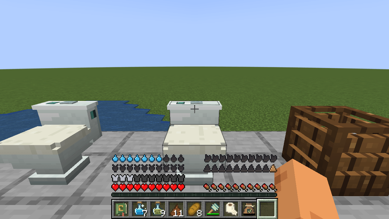 Thumbnail Final release client: custom toilets, closed lid, compost bin and pixel-icon survival meters in a prepared test world.