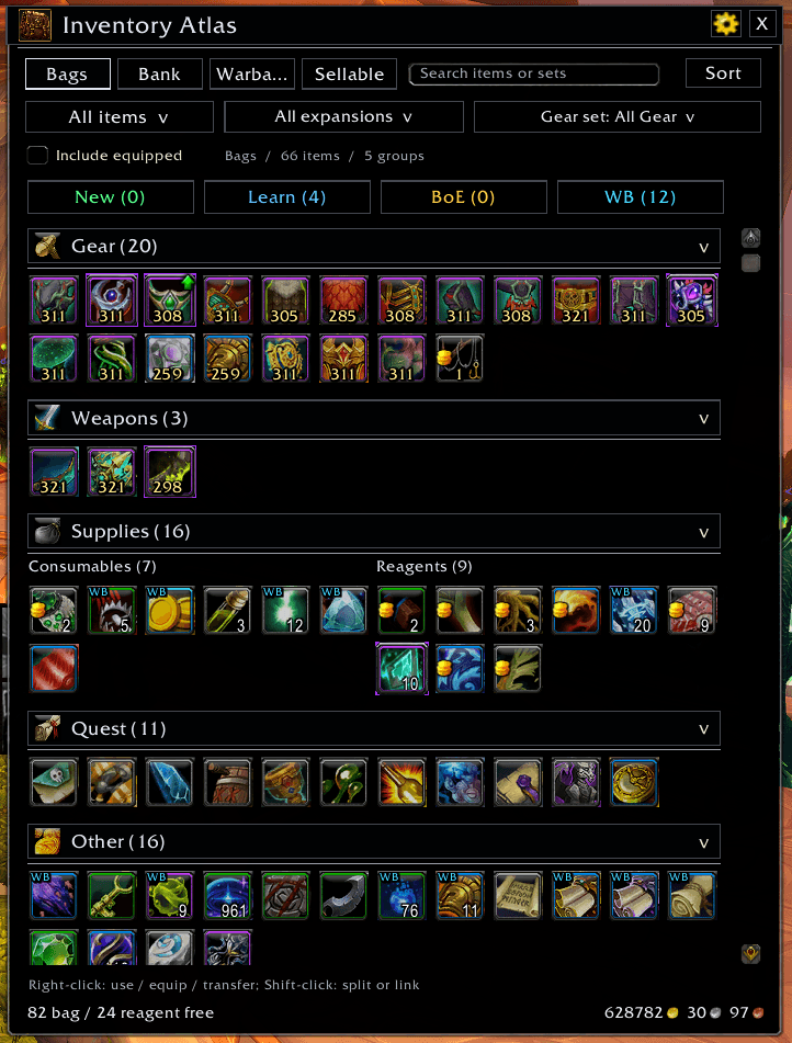 Thumbnail Browse gear, weapons, supplies and quest items with search, equipment-set and expansion filters, plus new-item, learnable, BoE and Warbound shortcuts.