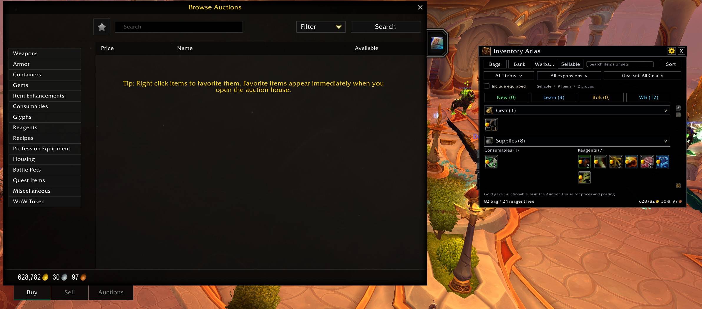 Thumbnail Inventory Atlas displays auctionable bag items in its Sellable tab beside the Auction House. Gold gavel badges identify eligible items; prices and posting remain in the Auction House.