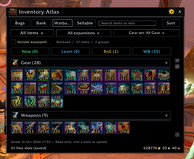 Thumbnail Browse saved Warband bank gear and weapons with item levels and binding badges. The timestamped snapshot is read-only; visit a bank to update it.