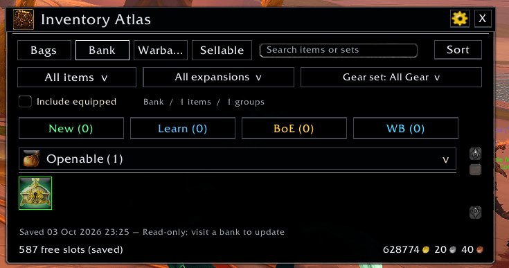 Thumbnail View saved character bank items and free slots away from the bank. Snapshots show their capture time and stay read-only until you visit a bank to update them.