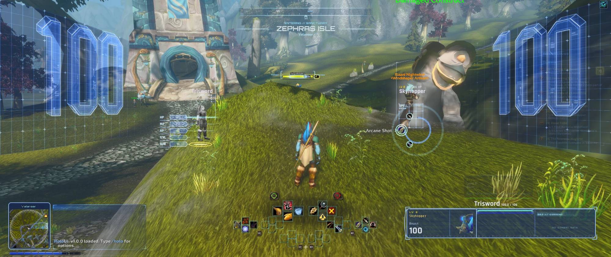 Combat HUD with a controller
The holographic combat HUD on a target: 3D health screens, your character as a hologram with its stats, the spell ring, and the gamepad cross bar under your character.