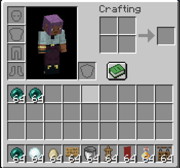 An inventory with ender pearls, snowballs, eggs, signs, buckets, armor stands, banners, honey bottles and hanging signs, 64 of each