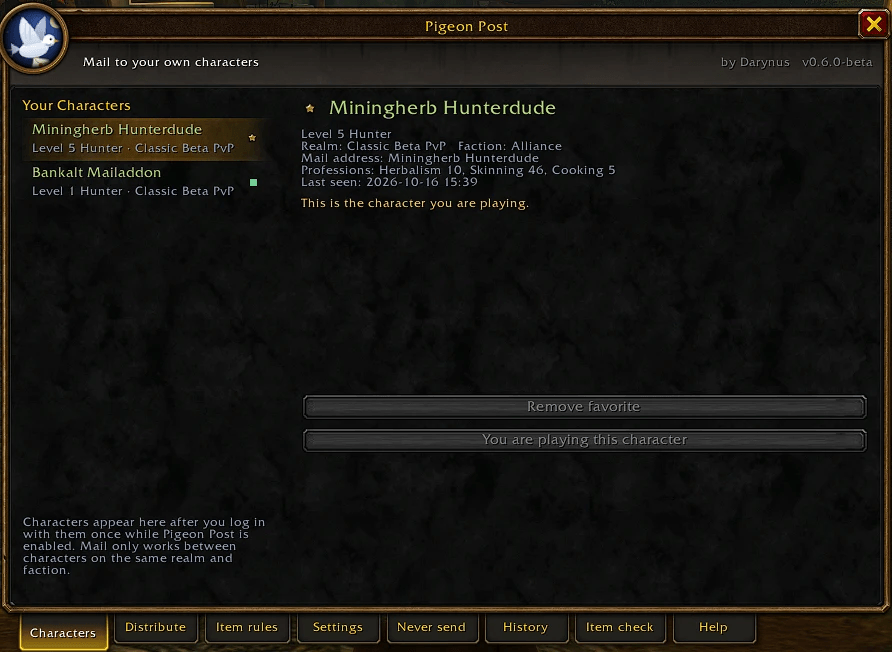 Thumbnail All characters you logged in with, with realm, professions and mail address. Mark your bank character as favorite.