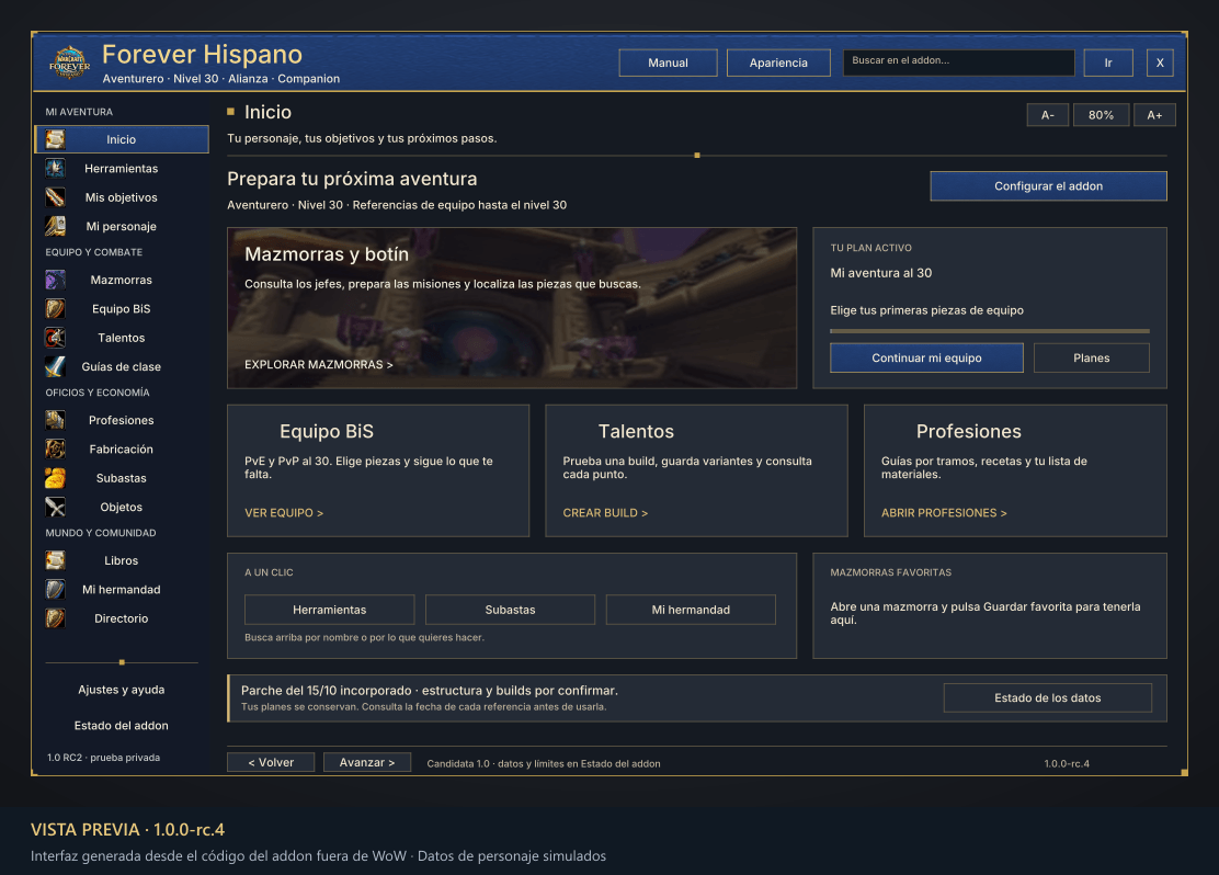 Nuevo Inicio en modo Noche. Vista previa de la RC4 generada desde el código fuera de WoW, con datos simulados. La versión descargable puede ser anterior.