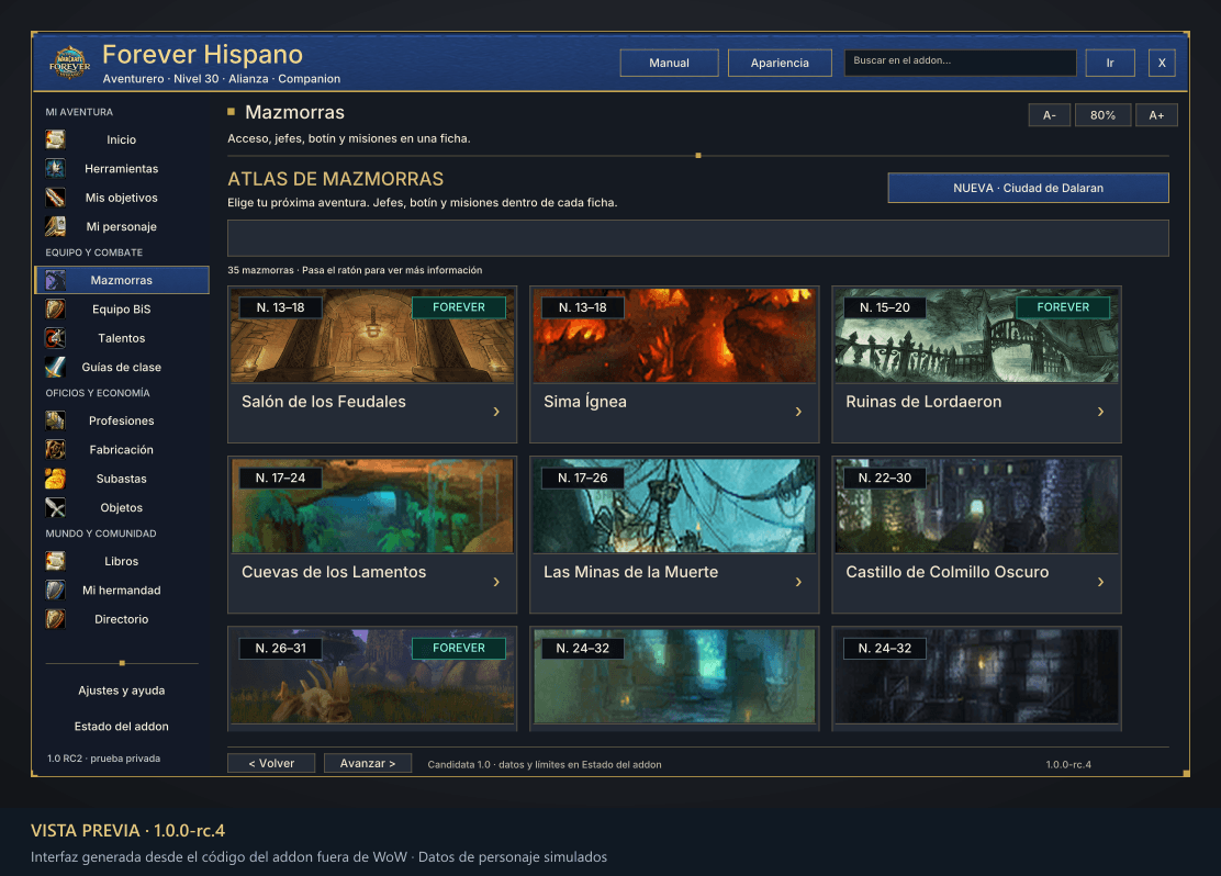 Thumbnail Atlas de mazmorras, niveles y accesos a jefes, misiones y botín. Vista previa RC4 generada fuera de WoW con datos simulados; no es una captura en juego.
